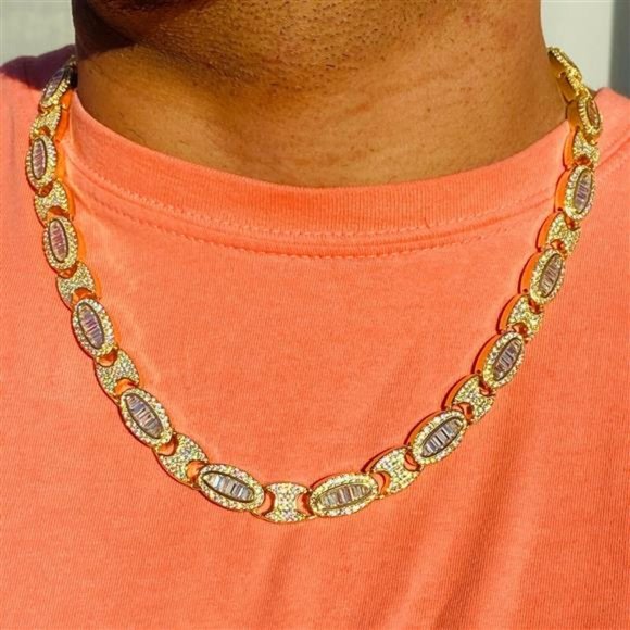 Men's Baguette Tennis Chain 10 mm Ice Out 14k Gold Diamond FILL Iced Real Choker